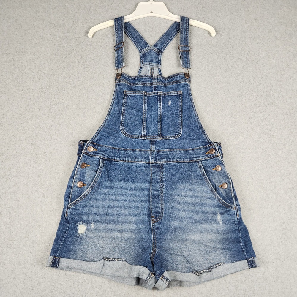 No Boundaries Shortalls Women XL Blue Denim Distressed Cuffed Adjustable Strap